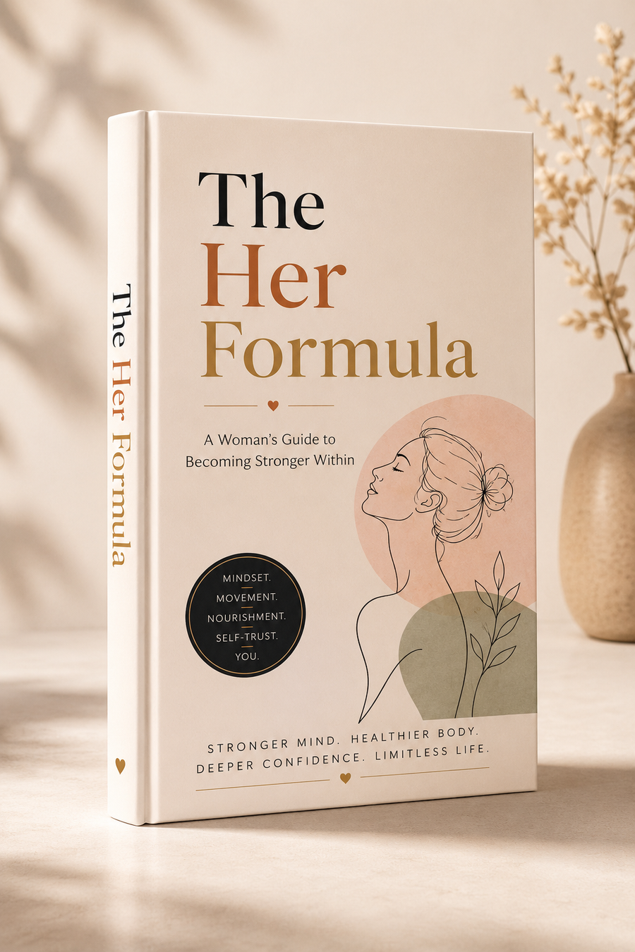 The Her Formula - 3D book mockup on warm background